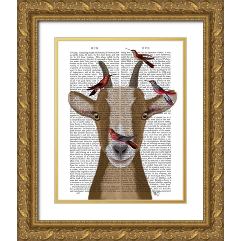 Goat and Red Birds Book Print Gold Ornate Wood Framed Art Print with Double Matting by Fab Funky