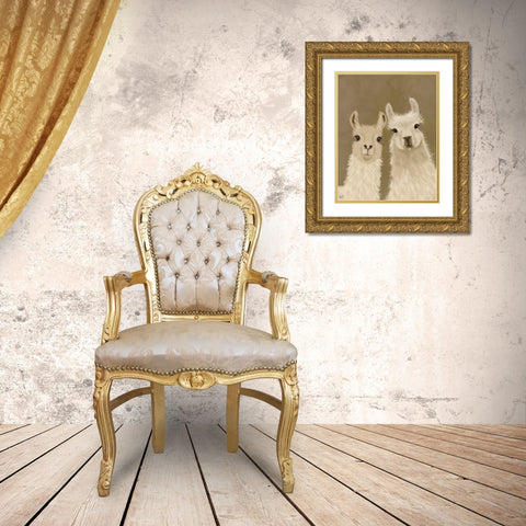 Llama Duo, Looking at You Gold Ornate Wood Framed Art Print with Double Matting by Fab Funky