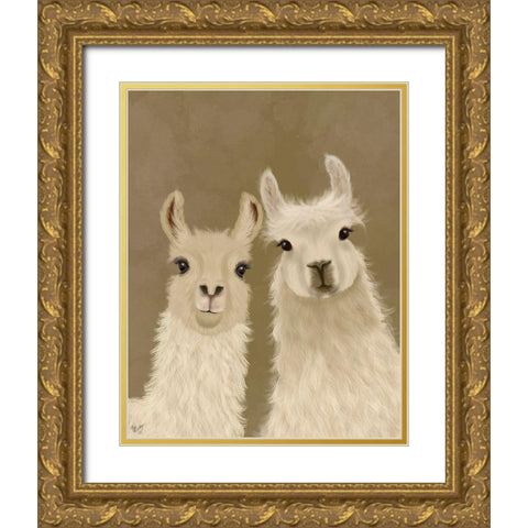 Llama Duo, Looking at You Gold Ornate Wood Framed Art Print with Double Matting by Fab Funky
