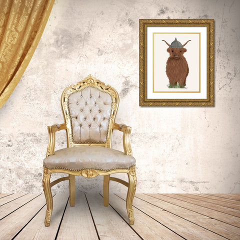 Highland Cow Viking Gold Ornate Wood Framed Art Print with Double Matting by Fab Funky