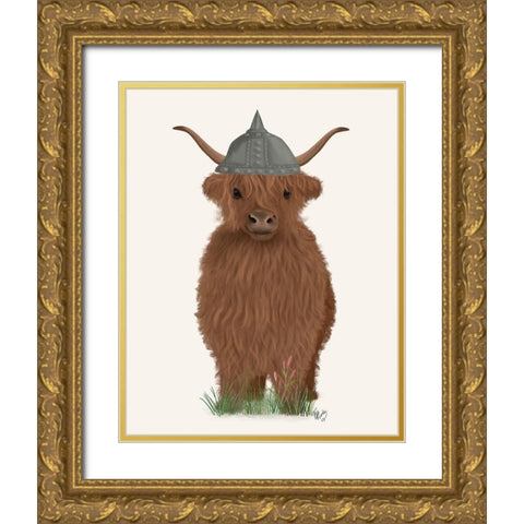 Highland Cow Viking Gold Ornate Wood Framed Art Print with Double Matting by Fab Funky