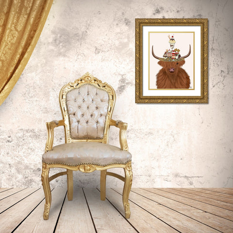 Highland Cow and Ice Cream Hat Gold Ornate Wood Framed Art Print with Double Matting by Fab Funky