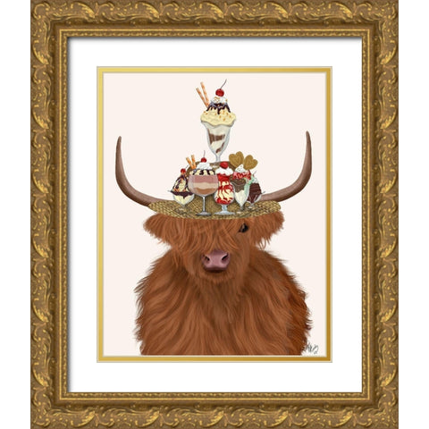 Highland Cow and Ice Cream Hat Gold Ornate Wood Framed Art Print with Double Matting by Fab Funky
