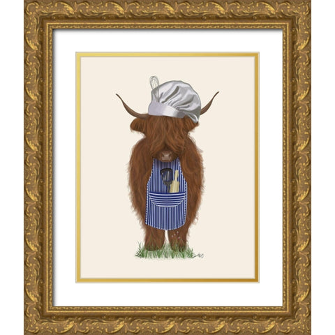 Highland Cow Chef Gold Ornate Wood Framed Art Print with Double Matting by Fab Funky