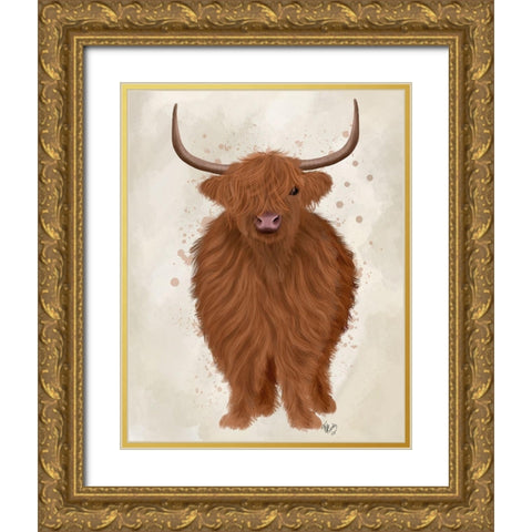 Highland Cow 1, Full Gold Ornate Wood Framed Art Print with Double Matting by Fab Funky