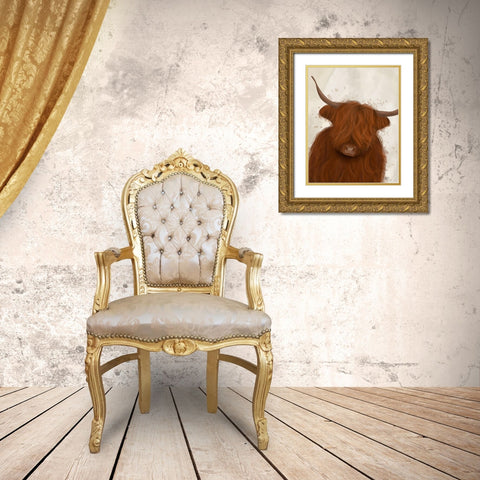 Highland Cow 3, Portrait Gold Ornate Wood Framed Art Print with Double Matting by Fab Funky