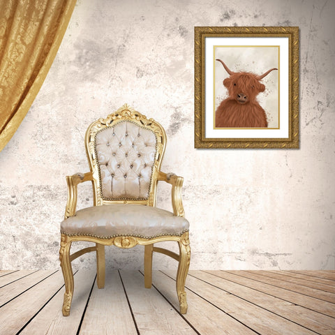 Highland Cow 8, Portrait Gold Ornate Wood Framed Art Print with Double Matting by Fab Funky
