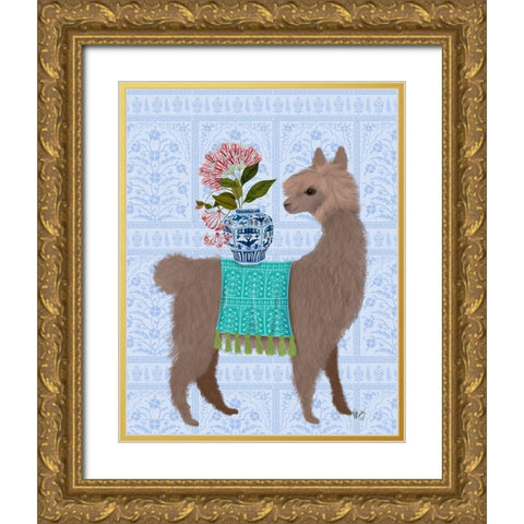 Llama Chinoiserie 1 Gold Ornate Wood Framed Art Print with Double Matting by Fab Funky