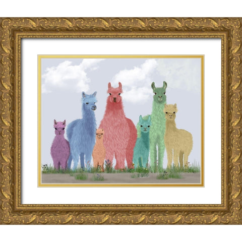 Llama Pastel Family Gold Ornate Wood Framed Art Print with Double Matting by Fab Funky
