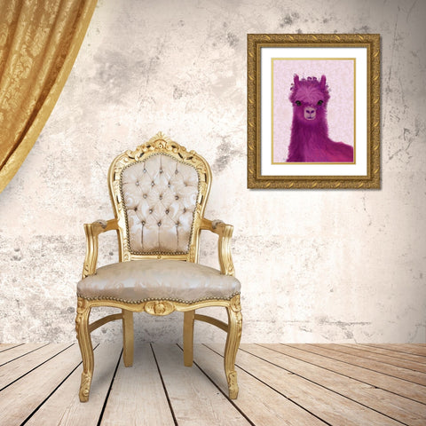 Llama Purple Meadow Flowers Gold Ornate Wood Framed Art Print with Double Matting by Fab Funky