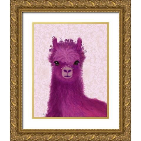 Llama Purple Meadow Flowers Gold Ornate Wood Framed Art Print with Double Matting by Fab Funky