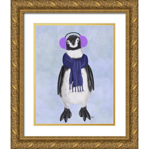 Penguin Ear Muffs Gold Ornate Wood Framed Art Print with Double Matting by Fab Funky