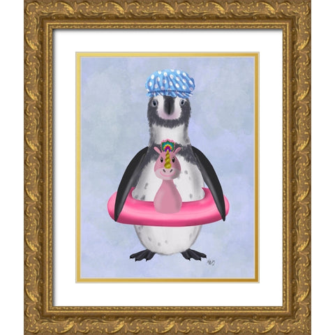 Penguin Unicorn Rubber Ring Gold Ornate Wood Framed Art Print with Double Matting by Fab Funky