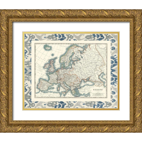 Bordered Map of Europe Gold Ornate Wood Framed Art Print with Double Matting by Johnston