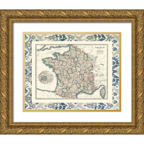 Bordered Map of France Gold Ornate Wood Framed Art Print with Double Matting by Johnston