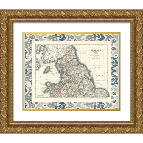 Bordered Map of England And Wales Gold Ornate Wood Framed Art Print with Double Matting by Johnston