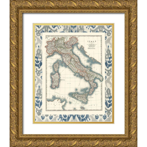 Bordered Map of Italy Gold Ornate Wood Framed Art Print with Double Matting by Johnston