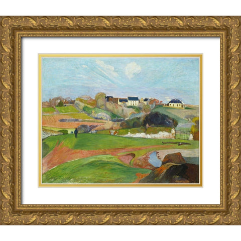 Landscape at Le Pouldu Gold Ornate Wood Framed Art Print with Double Matting by Gauguin, Paul