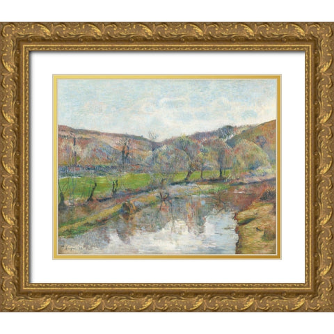 Brittany Landscape Gold Ornate Wood Framed Art Print with Double Matting by Gauguin, Paul