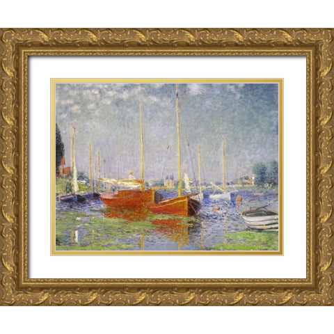 Red Boats at Argenteuil Gold Ornate Wood Framed Art Print with Double Matting by Monet, Claude