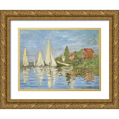 Regattas at Argenteuil Gold Ornate Wood Framed Art Print with Double Matting by Monet, Claude