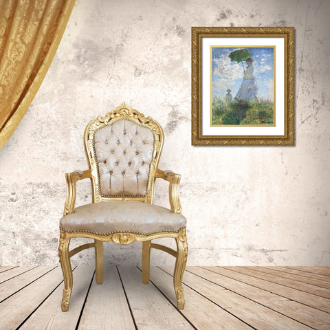 Woman with Parasol Gold Ornate Wood Framed Art Print with Double Matting by Monet, Claude