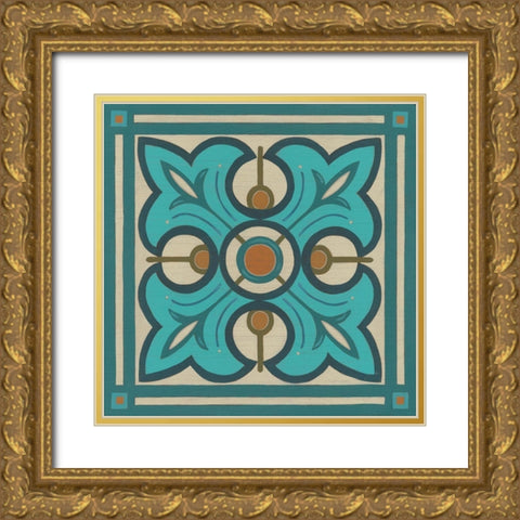 Piazza Tile in Blue II Gold Ornate Wood Framed Art Print with Double Matting by Vess, June Erica