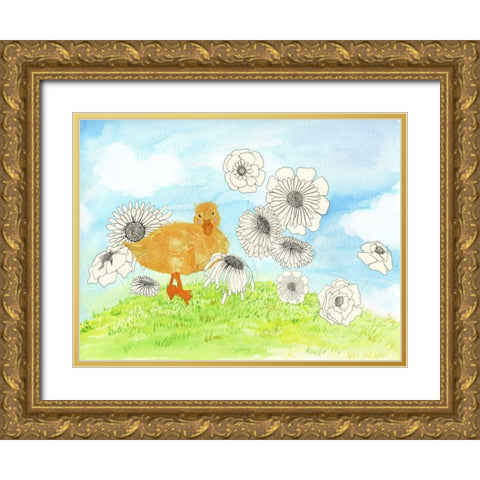 Duck and Flowers Gold Ornate Wood Framed Art Print with Double Matting by Blixt, Ingrid