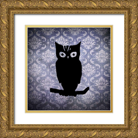 Owl and Damask Gold Ornate Wood Framed Art Print with Double Matting by Vision Studio