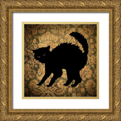 Cat and Damask Gold Ornate Wood Framed Art Print with Double Matting by Vision Studio