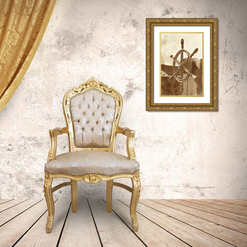 Sepia Ships Wheel I Gold Ornate Wood Framed Art Print with Double Matting by Vision Studio
