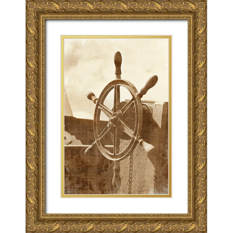 Sepia Ships Wheel I Gold Ornate Wood Framed Art Print with Double Matting by Vision Studio