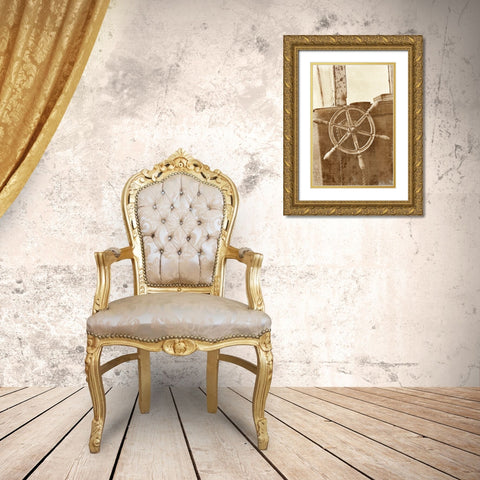 Sepia Ships Wheel II Gold Ornate Wood Framed Art Print with Double Matting by Vision Studio