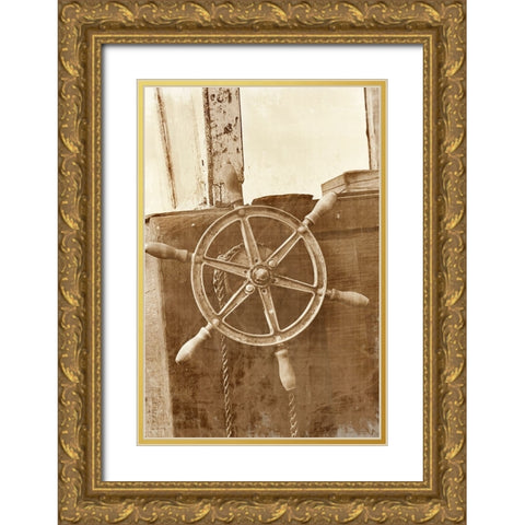 Sepia Ships Wheel II Gold Ornate Wood Framed Art Print with Double Matting by Vision Studio