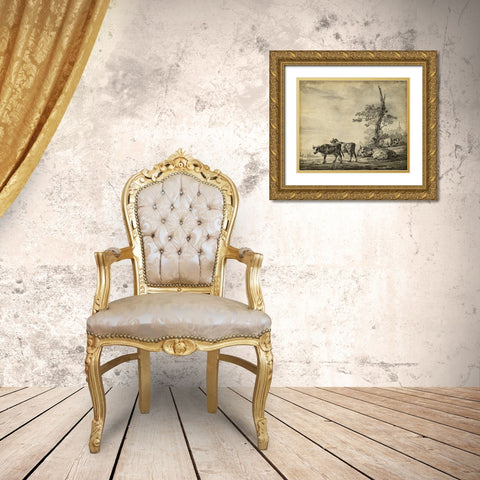 Pastoral Etching I Gold Ornate Wood Framed Art Print with Double Matting by Unknown