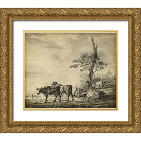 Pastoral Etching I Gold Ornate Wood Framed Art Print with Double Matting by Unknown