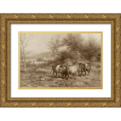 Grazing Cattle Gold Ornate Wood Framed Art Print with Double Matting by Riecke, George