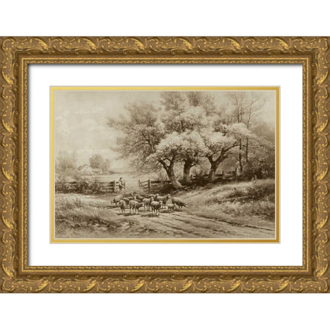 Herding Sheep Gold Ornate Wood Framed Art Print with Double Matting by Weber, Carl