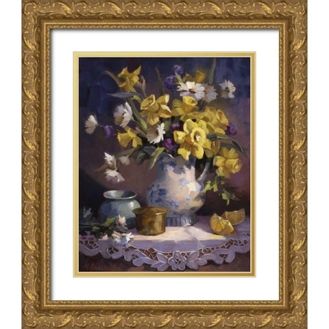 Daffodils and Lace Gold Ornate Wood Framed Art Print with Double Matting by Johnston, Maxine