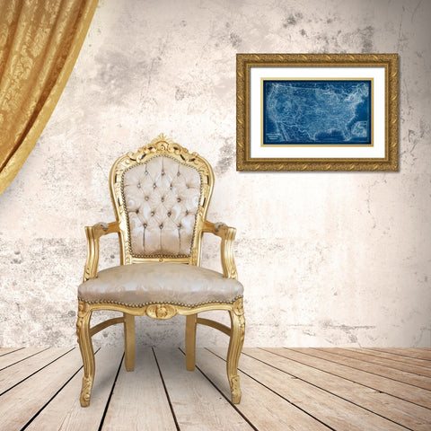 US Map Blueprint Gold Ornate Wood Framed Art Print with Double Matting by Vision Studio