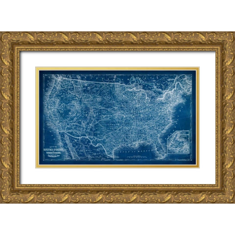 US Map Blueprint Gold Ornate Wood Framed Art Print with Double Matting by Vision Studio