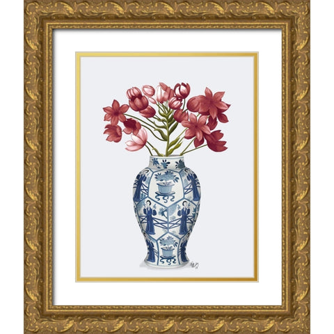 Chinoiserie Arabian Star Red-Blue Vase Gold Ornate Wood Framed Art Print with Double Matting by Fab Funky