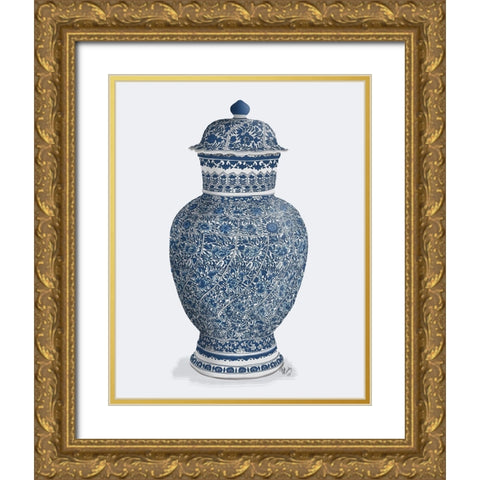 Chinoiserie Vase Flower Spiral Blue Gold Ornate Wood Framed Art Print with Double Matting by Fab Funky
