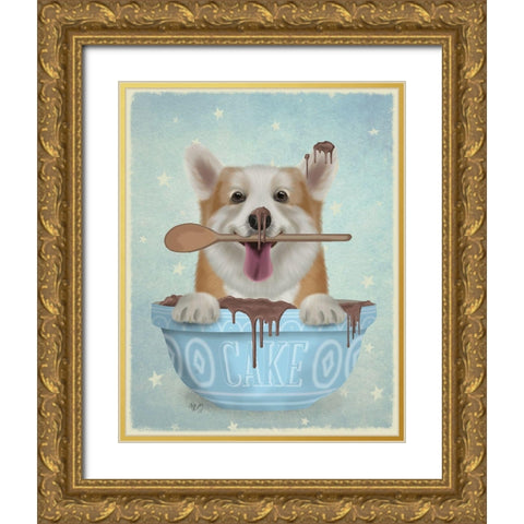 Corgi Cake Bowl Gold Ornate Wood Framed Art Print with Double Matting by Fab Funky
