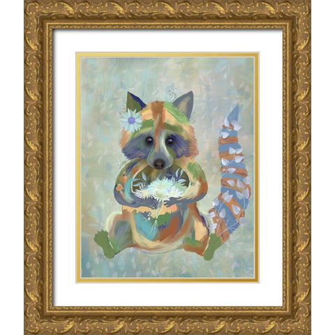 Fantastic Florals Raccoon Gold Ornate Wood Framed Art Print with Double Matting by Fab Funky