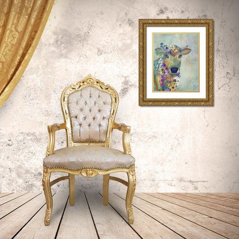 Fantastic Florals Cow Gold Ornate Wood Framed Art Print with Double Matting by Fab Funky