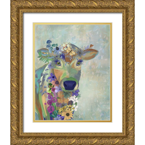 Fantastic Florals Cow Gold Ornate Wood Framed Art Print with Double Matting by Fab Funky