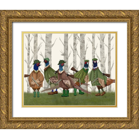 Pheasant Shooting Party Group 3 Gold Ornate Wood Framed Art Print with Double Matting by Fab Funky