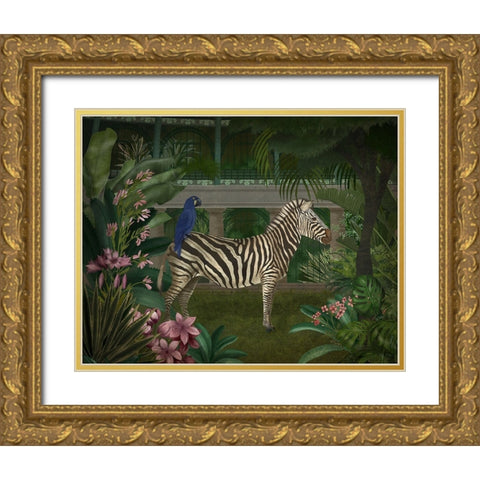Zebra In Conservatory Gold Ornate Wood Framed Art Print with Double Matting by Fab Funky