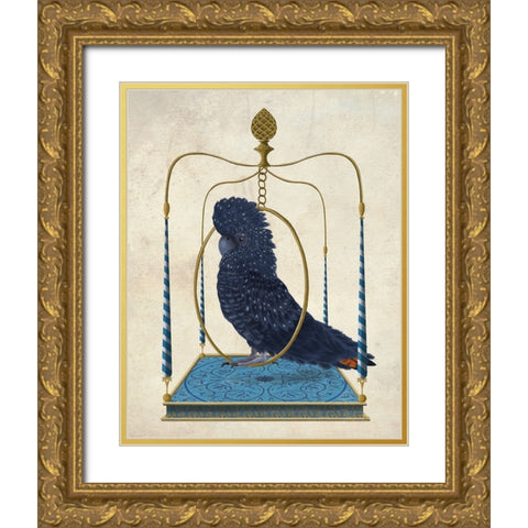 Black Cockatoo on Swing Gold Ornate Wood Framed Art Print with Double Matting by Fab Funky
